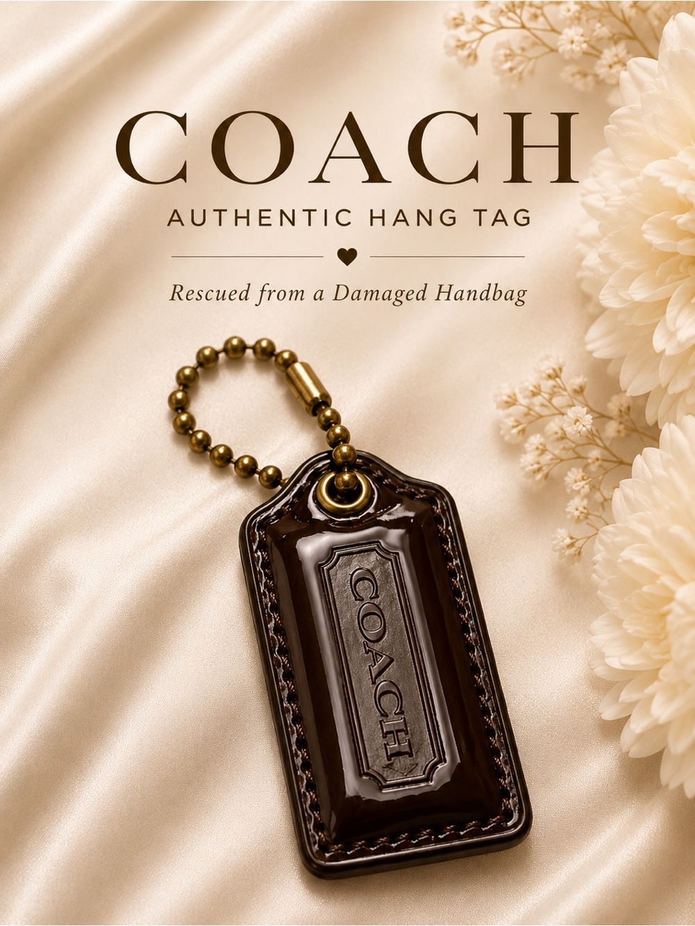 COACH Dark Brown Patent Leather Hang Tag Brass Ball Chain Authentic